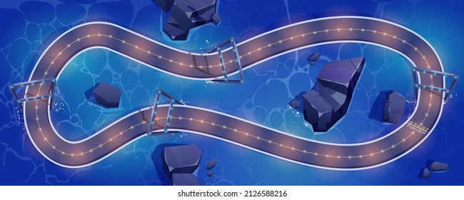 Race Track For Cars Over Sea Water Surface At Night Top View, Road Circle With Glowing Illumination, Start And Finish Line Cartoon Background For Game, Racetrack Location, Asphalted Vector Way Loop