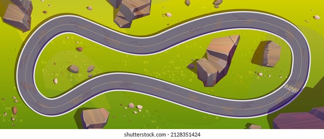 Race track for cars top view, circuit road cartoon background for game, racetrack in outdoor natural location with green grass and rocks, asphalted way loop for formula f1 competition, vector path