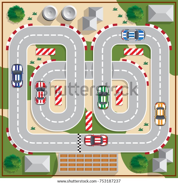 Race track with cars.  View from above.
Vector illustration.