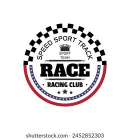 Race track circle emblem with USA flag and speed racing test for tournaments and sports events