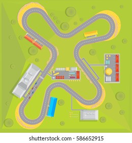 Race track composition with top view of racing course with green surrounding area and infrastructure buildings vector illustration