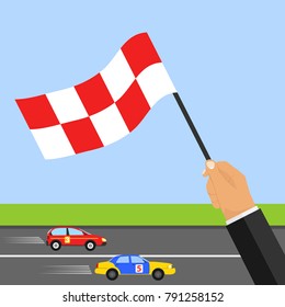 Race track. The hand with the flag shows the finish. Two cars ride at speed on the racetrack. Flat design, vector illustration, vector.