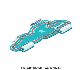 Race track isometric. The isometric racing circuit has grandstands, boxes, palm trees, and other elements. Vector illustration