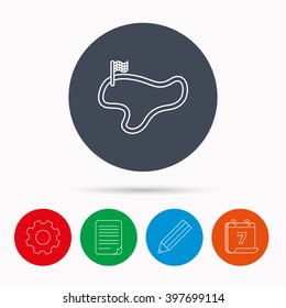 Race track or lap icon. Finish flag sign. Calendar, cogwheel, document file and pencil icons.