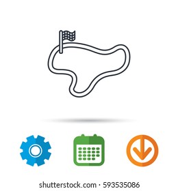 Race track or lap icon. Finish flag sign. Calendar, cogwheel and download arrow signs. Colored flat web icons. Vector