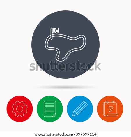 Race track or lap icon. Finish flag sign. Calendar, cogwheel, document file and pencil icons.