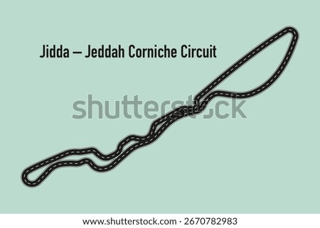 Race track map of Jeddah Corniche Circuit in Jidda, Saudi Arabia, modern Formula 1 street circuit layout isolated on light background.