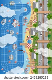 Race track on the sea coast. Board game. View from above. Vector illustration.