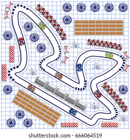 Race track on a sheet in a cage. View from above. Vector illustration.