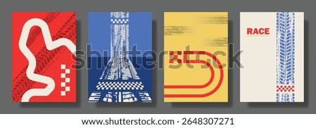 Race Track Poster Set – Grunge Tire Mark and Finish Line Graphic Art in Retro Racing Style