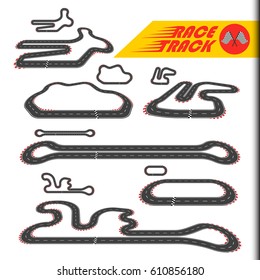 Race track, racing loop or race circuit, car racetrack collection. Turbo challenge vector illustration set. For toy, modeling, package, sport, gift, transportation, car, bolide, dragster, game design.