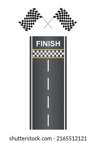 Race track road with flags and finish line perspective view. Road design template in flat style background. Race car track with finish line and flag. Vector Kart race. Abstract concept graphic element