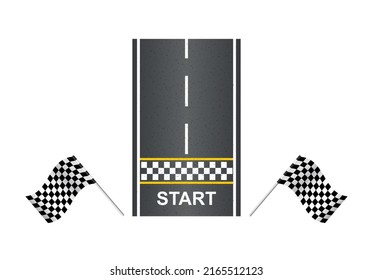 Race track road with flags and start line top view. Road design template in flat style background. Race car track with start line and flags. Vector Kart race. Abstract concept graphic element