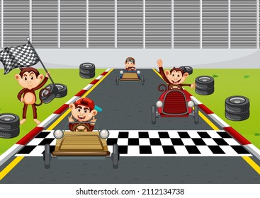Race track scene with monkey racing drivers illustration