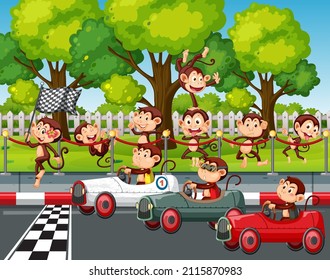 Race track scene with monkey racing drivers illustration
