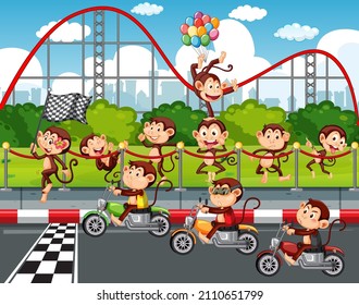 Race track scene with monkeys riding motorcycles illustration