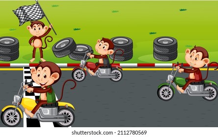 Race track scene with monkeys riding motorcycles illustration