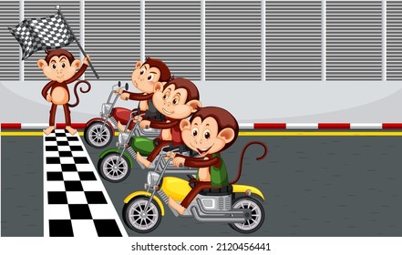 Race track scene with monkeys riding motorcycles illustration