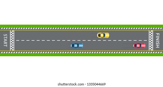 Race track with sport cars. Top view. Rally road with start line and finish line. Vector illustration.