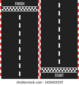 Race track with start and finish line. Car or karting road racing background. top view.
