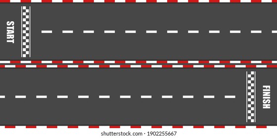 Race Track With Start And Finish Line For Car. Carting Races On The Asphalt Road. Template Of Fast Speedway. Auto And Moto Sport Concept. Top View Vector Illustration.