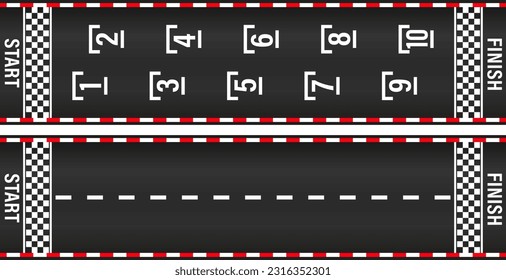 Race track with start and finish line. Start and finish concept. Moto race. Lane, gp, track with start, finish line and borders. Car or karting road racing background. Top view. Vector illustration