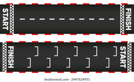 Rennen Titel. Start- und Ziellinienrennen. Start oder Ziel auf Autorennen. Grunge strukturiert auf der Asphaltstraße. Vektorillustration.