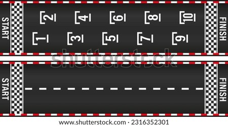 Race track with start and finish line. Start and finish concept. Moto race. Lane, gp, track with start, finish line and borders. Car or karting road racing background. Top view. Vector illustration