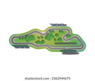 Race track from a top view has a green field and trees the racing circuit is also including a pit lane, grandstands, and boxes.