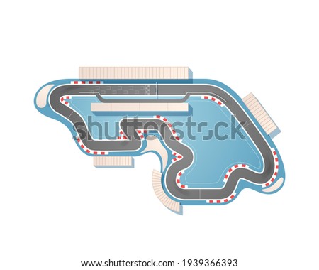 The race track from a top view is isolated on a white background. The racing circuit is including a pit lane, grandstands, boxes, and sandy safety zones. Vector illustration.