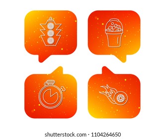 Race, traffic lights and speed icons. Bucket with foam, fire wheel linear signs. Orange Speech bubbles with icons set. Soft color gradient chat symbols. Vector