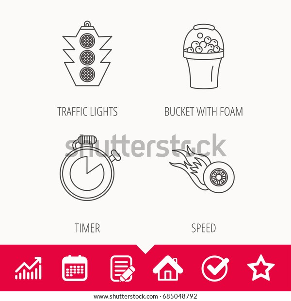 Race, traffic lights and\
speed icons. Bucket with foam, fire wheel linear signs. Edit\
document, Calendar and Graph chart signs. Star, Check and House web\
icons. Vector