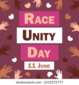 Race Unity Day vector square banner with a pink background, hands icon pattern, heart shapes and typography. Race Unity Day modern minimal simple clean poster illustration with Date and tittle.