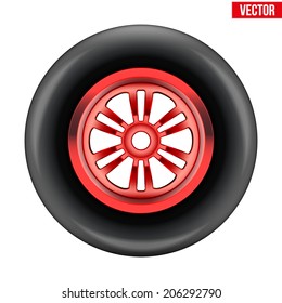 Race wheel and tire symbol with gold disk. Vector Illustration isolated on white background.