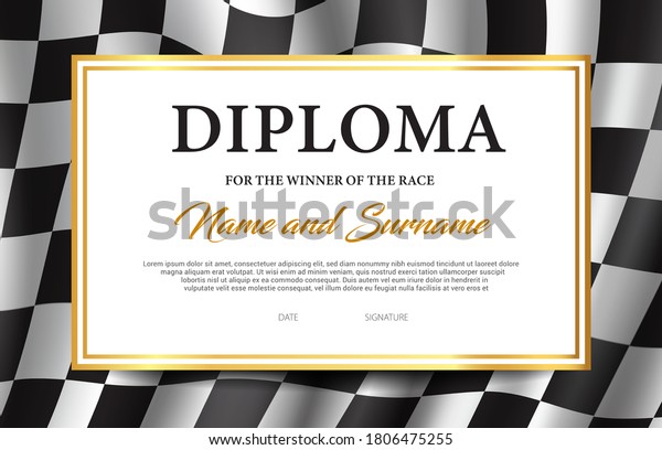 Race winner diploma, certificate vector\
template. Racing award border design with black and white chequered\
flag. Rally victory success celebration diploma for participation\
or best result\
achievement