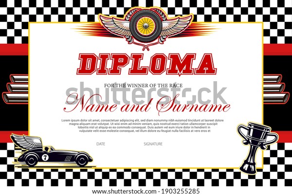 Race winner diploma vector template. Racing\
award border with black and white chequered flag, winged car and\
goblet. Rally victory success certificate for participation or best\
result achievement