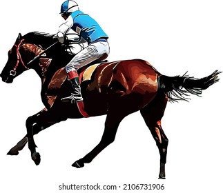 Racehorse with jockey at races. Isolated on a white background