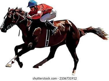 Racehorse with jockey at races. Isolated on a white background