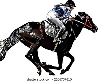 Racehorse with jockey at races. Isolated on a white background