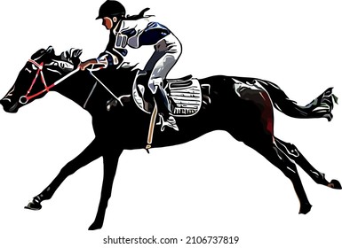 Racehorse with jockey at races. Isolated on a white background