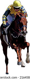Racehorse with jockey at races. Isolated on a white background