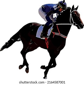 Racehorse With Jockey At Races. Isolated On A White Background