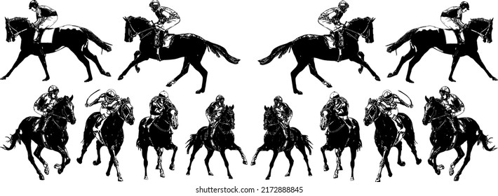 Racehorse With Jockey At Races. Isolated On A White Background