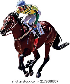 Racehorse with jockey at races. Isolated on a white background