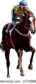 Racehorse with jockey at races. Isolated on a white background