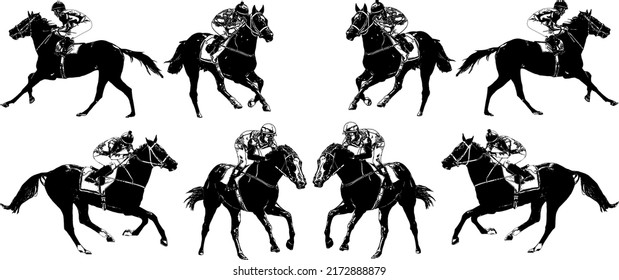 Racehorse with jockey at races. Isolated on a white background