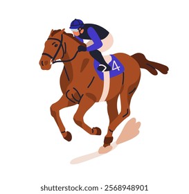 Racehorse with jockey racing, galloping on track. Horseback rider, equestrian riding rushing horse. Equine sport, betting horseracing. Flat graphic vector illustration isolated on white background