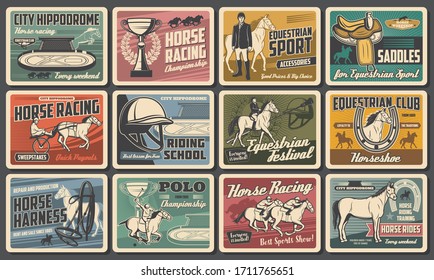 Racehorse and jockey retro posters of horse racing, equestrian sport, riding club vector design. Race horses, riders and trophy cups, hippodrome, saddle and horseshoes, whip, mallet, helmet