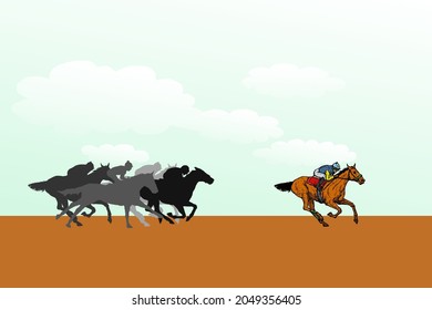 A Racehorse With Race Jockey Sprinting Away From The Competitor Pack At A Race Track For The Concept Of A Clear Winner. Hand Drawn Vector Illustration.