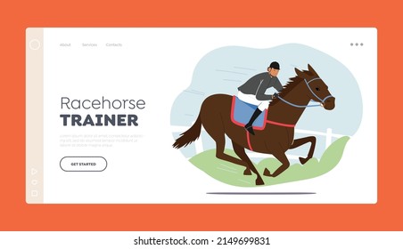 Racehorse Trainer Landing Page Template. Equestrian Sport and Horse Training Concept. Jockey Character Riding Stallion on Hippodrome Train Animal for Competition. Cartoon People Vector Illustration